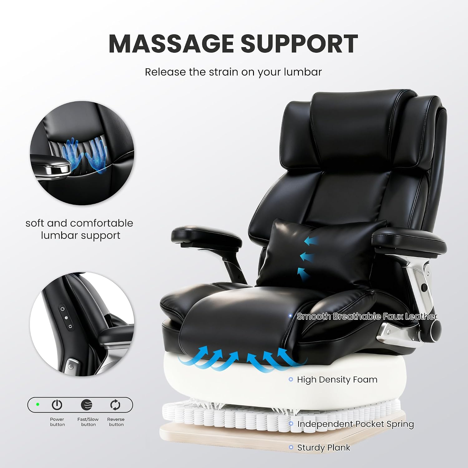 750lbs Heavy Duty Desk Chair with 3D Kneading Massage, Big and Tall Office Chairs with Ergonomic Support, 3D Armrests, 5 Quiet Dual Rubber Wheel, Thick Pocket Spring Cushion(Black, PU)