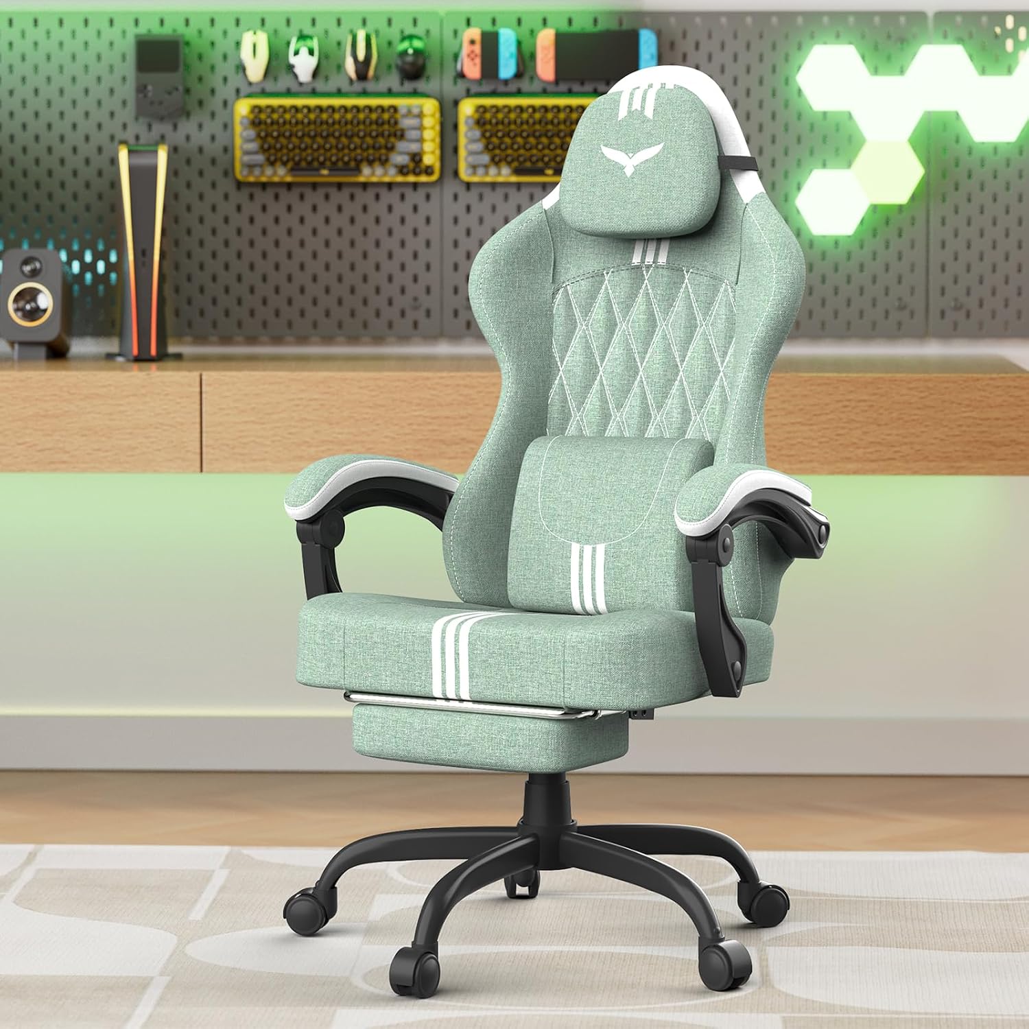 Soontrans Linen Fabric Ergonomic Gaming Chair with Pocket Spring Cushion, Wide Seat 20',Adjustable Headrest, Lumbar Pillow, Footrest & Reclining Backrest, Comfortable Office Chair for Home & Gaming