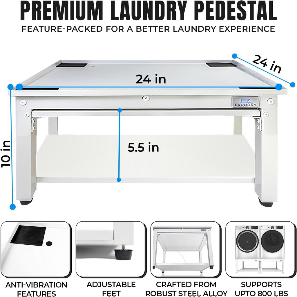 Washer and Dryer Pedestal with Pullout-Shelf - 24' W, 10' H, White Steel Universal Fit with Major Brands | Laundry Pedestal with Drain Pan & Hose | Washer Stand for Back Pain Relief, 800 lbs Capacity