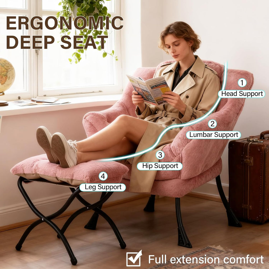 Welnow Lazy Chair with Ottoman, Modern Accent Chair with Armrests and a Side Pocket, Leisure Sofa Armchair Set, Reading Armchair with Footrest for Small Space, Plush Dark Pink