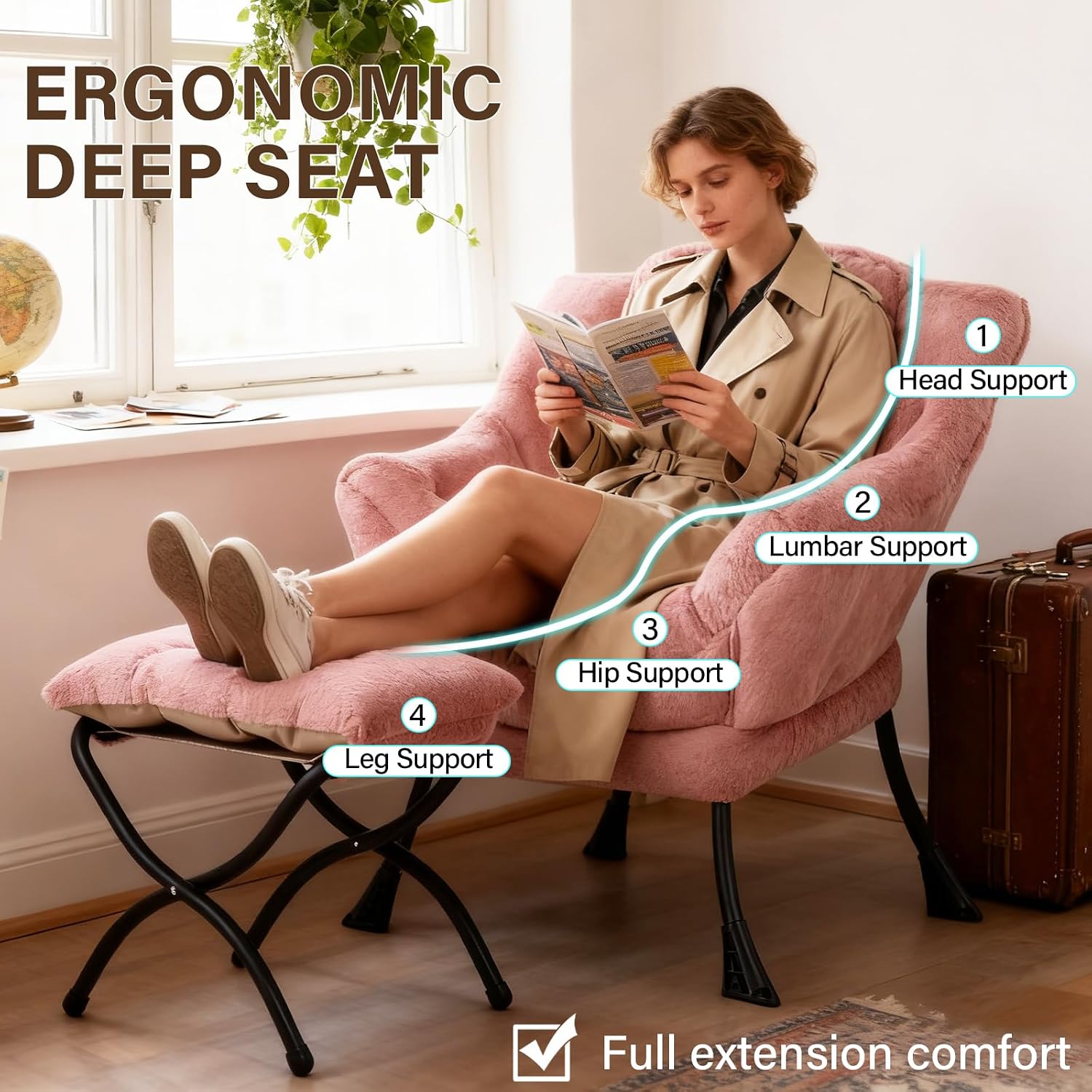 Welnow Lazy Chair with Ottoman, Modern Accent Chair with Armrests and a Side Pocket, Leisure Sofa Armchair Set, Reading Armchair with Footrest for Small Space, Plush Dark Pink