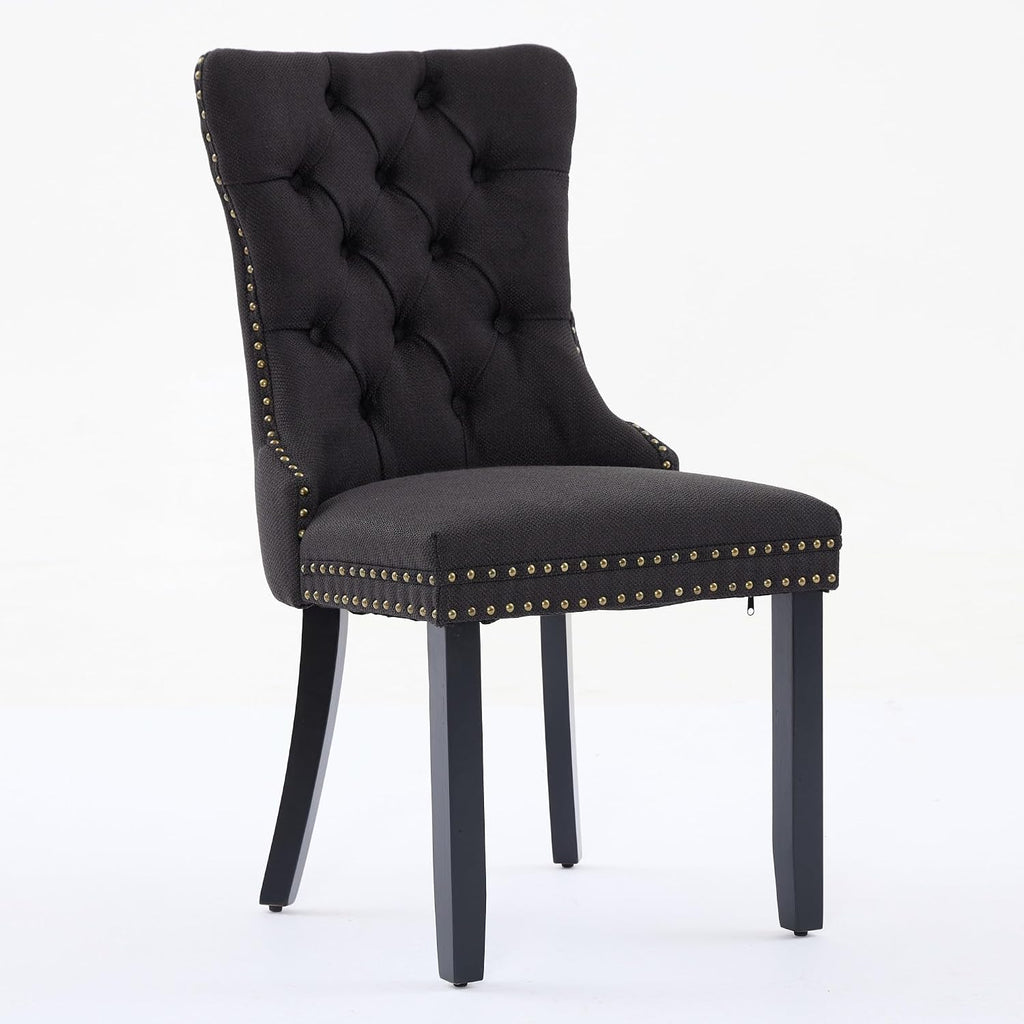 Ball & Cast Contemporary Upholstered Dining Chairs Set of 2, Flax Button Tufted Kitchen Side-Chairs with Hang Ring & Nailhead Trims & Wood Legs, 2-Piece Backrest Traditional Chair, Black+Black