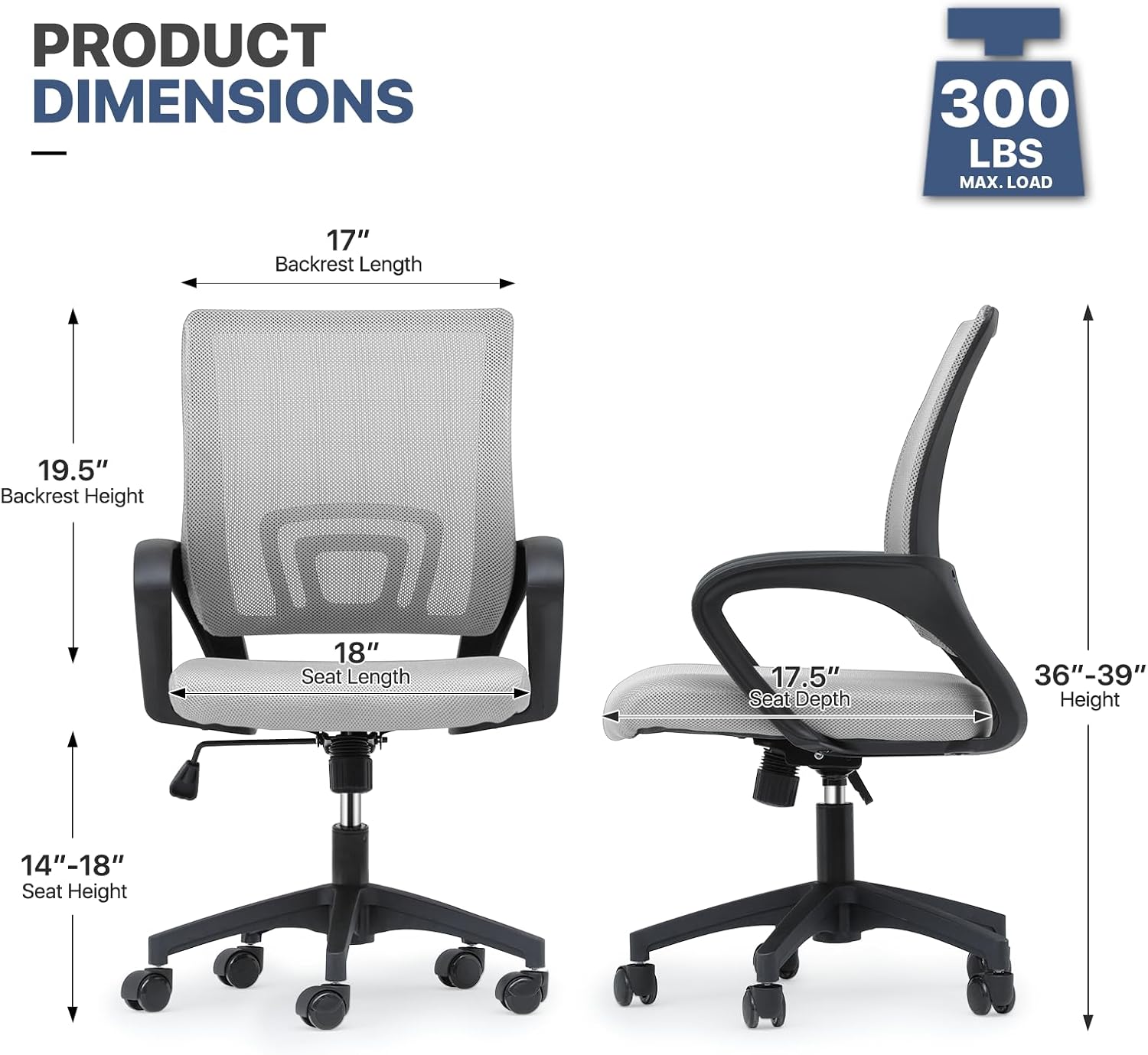 MoNiBloom Mesh Office Chair, Ergonomic Computer Chair for Adults, Rolling Swivel Mid-Back Desk Chair with Lumbar Support, Comfy Armrest for Home Office, Gaming, Light Gray 10 Pack