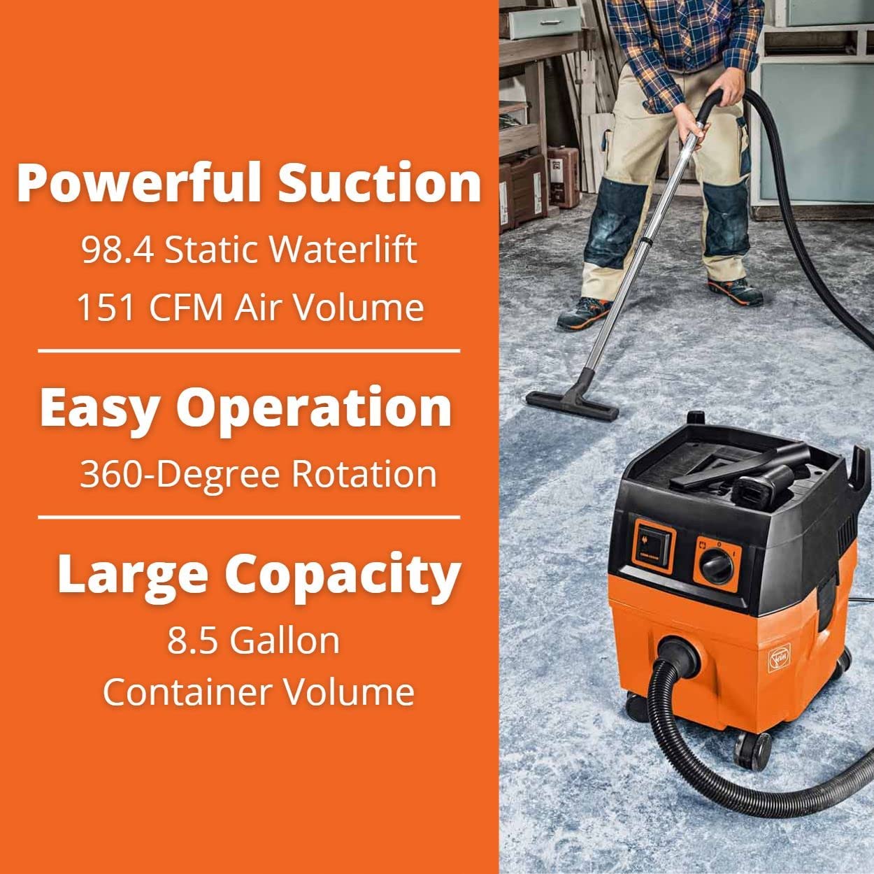 Fein Turbo II HEPA Set Wet/Dry Dust Extractor - 8.5-Gallon Capacity, 151 CFM Suction, Anti-Static System, Quiet 66 dB Operation, Includes HEPA Filter and Accessories - 92036060990