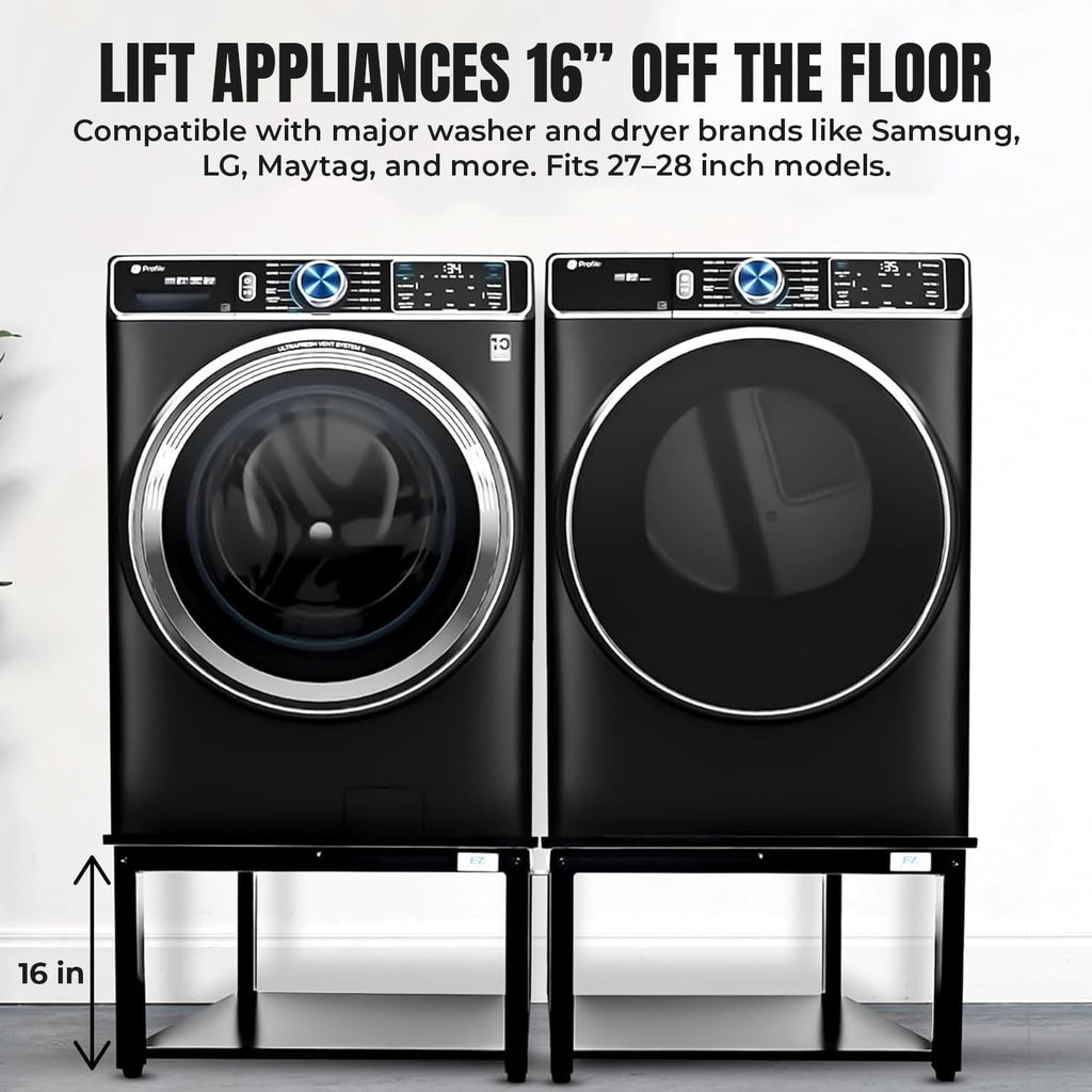 Washer and Dryer Pedestal - 24' W, 16' H, Black Steel Universal Fit with Major Brands, Leak-Proof Laundry Pedestal with Drain Pan & Hose, Washer and Dryer Stand for Back Pain Relief, 800 lbs Capacity