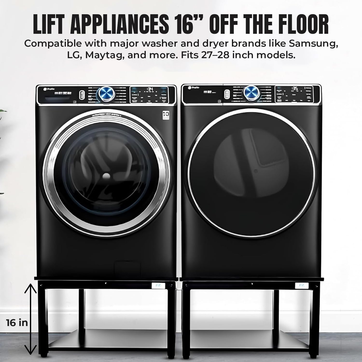 Washer and Dryer Pedestal - 24' W, 16' H, Black Steel Universal Fit with Major Brands, Leak-Proof Laundry Pedestal with Drain Pan & Hose, Washer and Dryer Stand for Back Pain Relief, 800 lbs Capacity