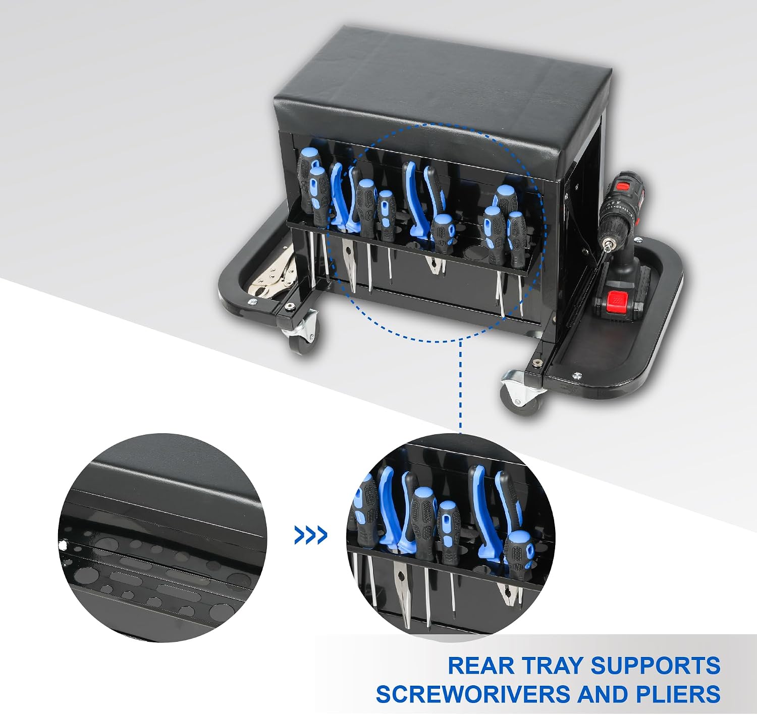 3-Drawer Tool Chest Rolling Mechanic Seat with Tool Trays, Rolling Tool Chest for Mechanics - Heavy-Duty Steel Construction, Padded Seat, Storage Tank, 350lbs Max Weight Capacity
