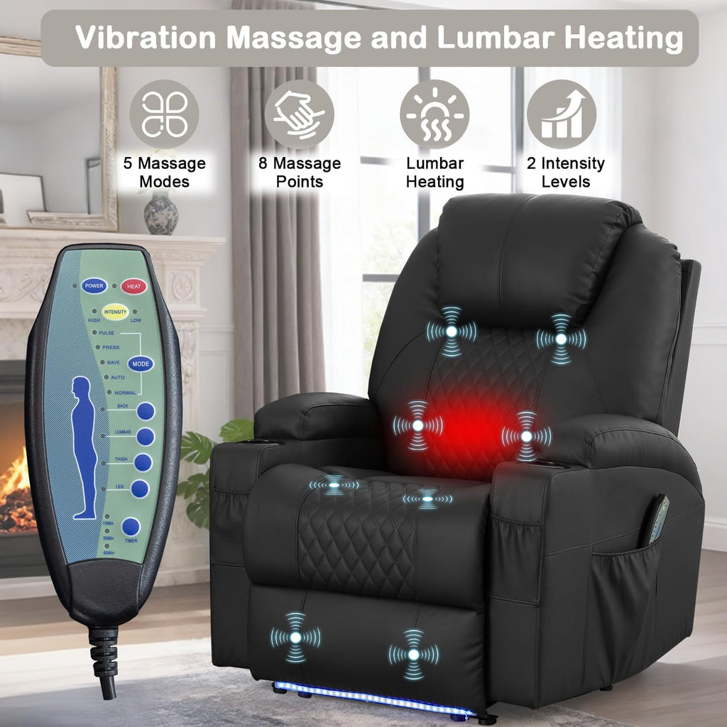 Power Recliner Chair with Heat and Massage for Adults - Home Theater Seating with LED Lights,Cup Holders,Side Pocket,USB Port - Recliner Sofa for Living Room (Black, Single Recliner)