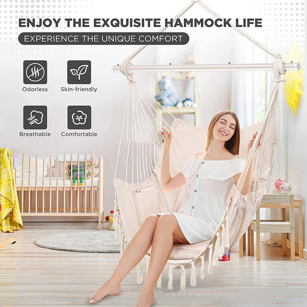 SRHWBF White Hanging Rope Hammock Chair Swing Seat Large Macrame Hanging Chair for Bedroom Patio Porch Yard with 2 Cushions and Storage Bag