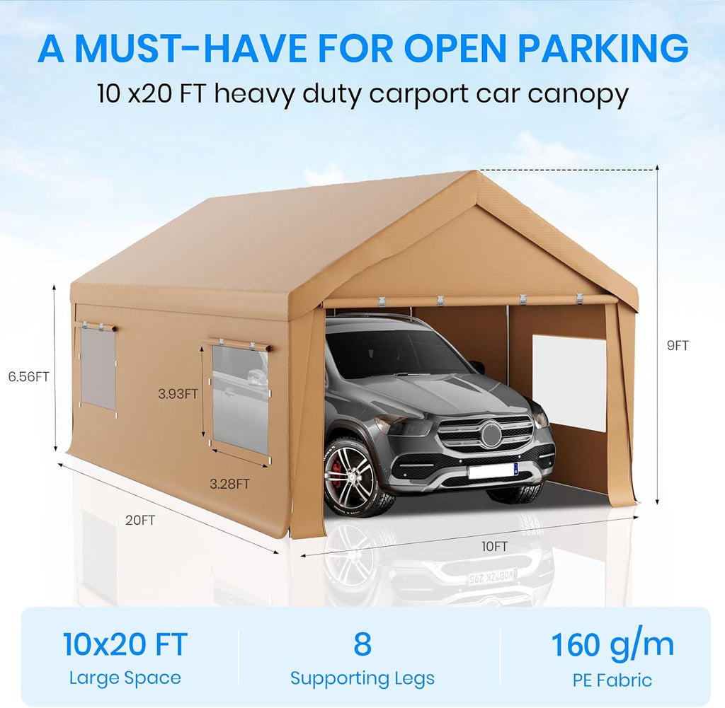 Carport 10x20 Heavy Duty Portable Garage,Carport Canopy with Roll-Up Windows & Doors,Portable Garage and Shelter with Removable Sidewalls,Car Tent Garage with All-Season Tarp for Lawnmower Bike Truck