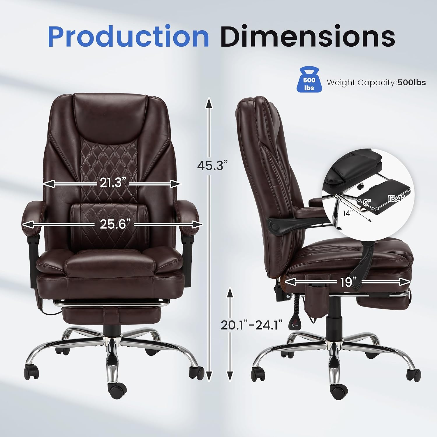 HOMREST 6-Point Massage Office Chair with Heat, 500lbs Big and Tall Executive Chair, Ergonomic Reclining Desk Chair with Footrest & Lumbar Support, Adjustable Armrest, PU Leather (Brown)