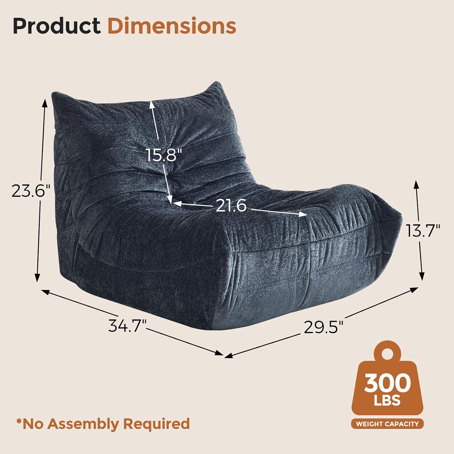 Bean Bag Chairs for Adults Teens Kids, Fireside Chair Bean Bag Lounger with Memory Foam Filled, Bean Bag Sofa for Living Room, Dorms, Apartments, Reading Corner(Black Plush)