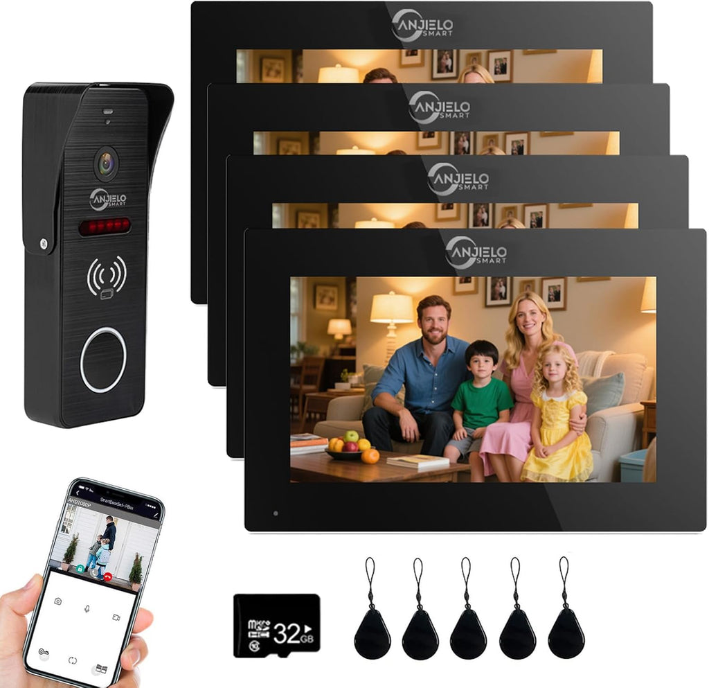 Wired Video Doorbell Intercom System 1080P HD Camera 7 inch Monitor Entry Doorphone Door Camera TUYA WiFi Smart Home Door Phone Kits for Apartment Home Villa (1 Doorbell + 4 Monitor)