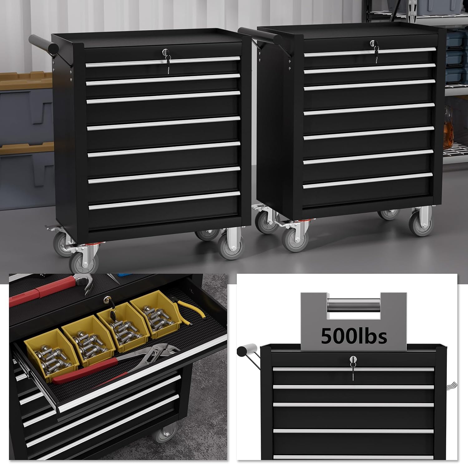 7-Drawer Tool Chest,Rolling Tool Cart with Wheels,High Capacity Tool Cabinet with Locking System for Garage, Warehouse, Workshop-Black