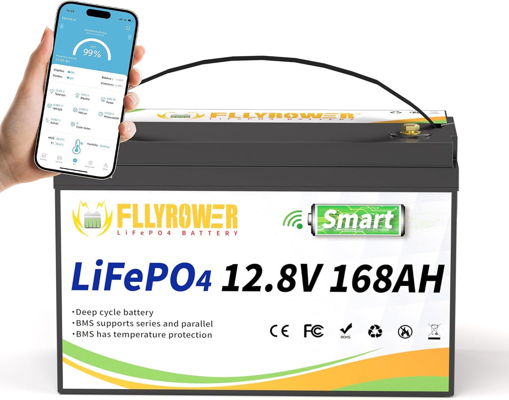 FLLYROWER Lithium Battery 12V 168AH With Smart BMS and 17000 Deep Cycles Lifepo4 Battery Grade A Cells for Marine Trolling Motor RV camping Solar Golf Cart Off-Grid