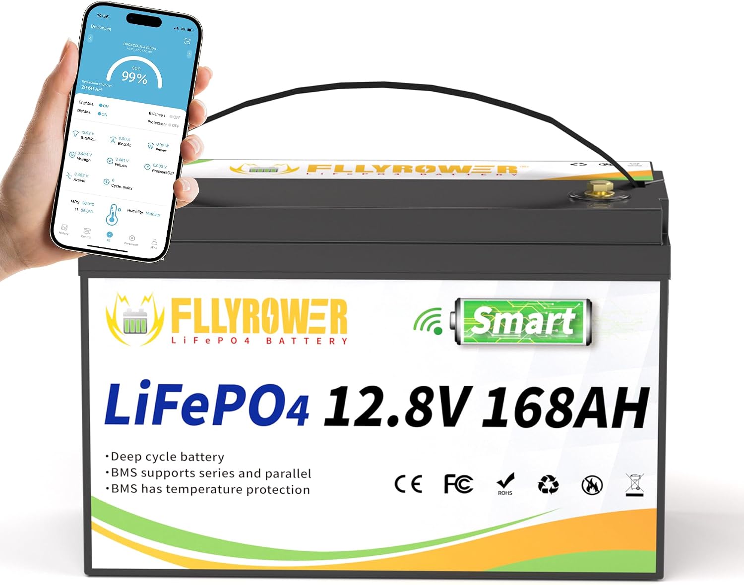 FLLYROWER Lithium Battery 12V 168AH With Smart BMS and 17000 Deep Cycles Lifepo4 Battery Grade A Cells for Marine Trolling Motor RV camping Solar Golf Cart Off-Grid