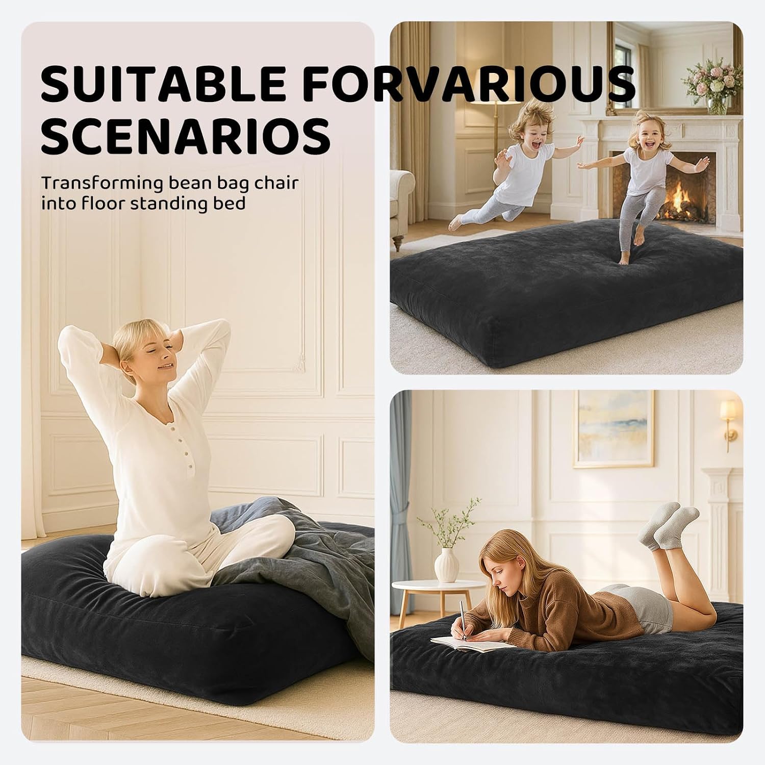 Adult Bean Bag Chair Bed, Bean Bag Sofa with Filling, Memory Foam, Comfortable Floor Sofa Bed, Boneless Floor Chair, Suitable for Living Room Bedroom Dormitory Balcony Lounge (Black, Chair Bed)