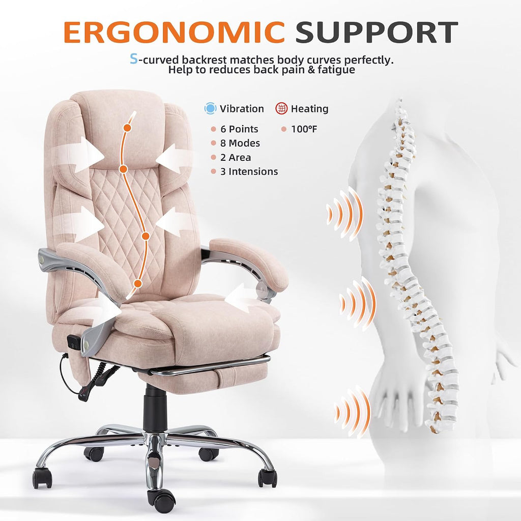 HOMREST 6-Point Massage Office Chair with Footrest, Heated Executive Office Chair with Reclining Backrest, Velvet Ergonomic Computer Desk Chair with Padded Armrest,Pink