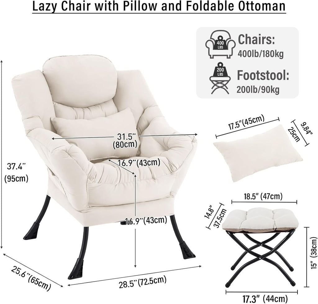 Lazy Chair with Ottoman, Modern Accent Chair with Lumbar Pillow, Beige Sofa, Armchairs with Folding Footrest, Oversized Supportive Chairs for Bedroom, Reading
