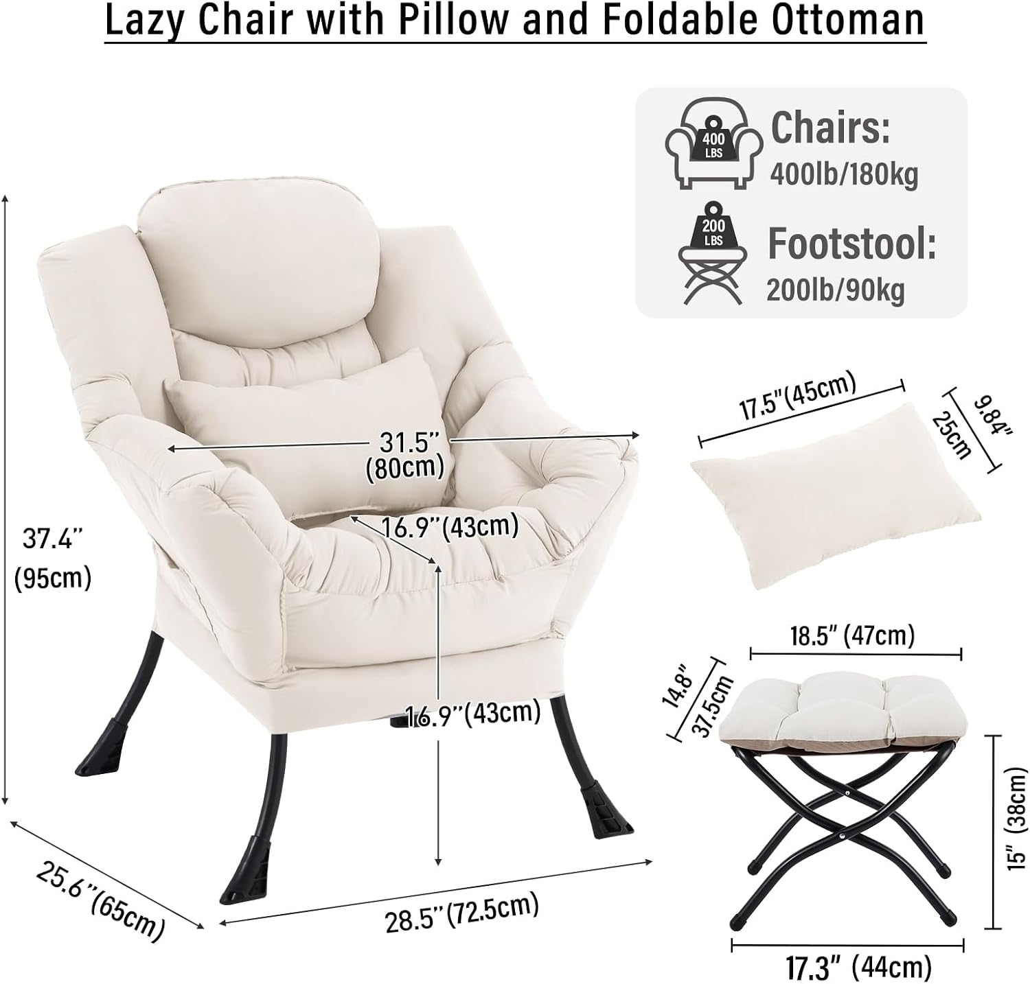 Lazy Chair with Ottoman, Modern Accent Chair with Lumbar Pillow, Beige Sofa, Armchairs with Folding Footrest, Oversized Supportive Chairs for Bedroom, Reading