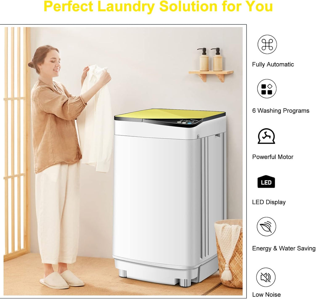 COSTWAY Portable Washing Machine, 7.7lbs Capacity Compact Laundry Washer and Spin Combo with 6 Programs, Built-in Barrel Light, Full-Automatic Washing Machine for Apartments Camping RVs Dorm, Yellow
