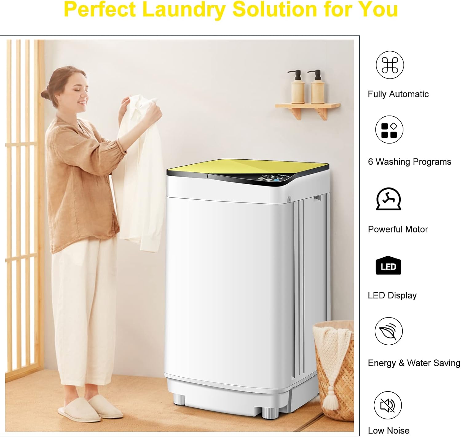 COSTWAY Portable Washing Machine, 7.7lbs Capacity Compact Laundry Washer and Spin Combo with 6 Programs, Built-in Barrel Light, Full-Automatic Washing Machine for Apartments Camping RVs Dorm, Yellow