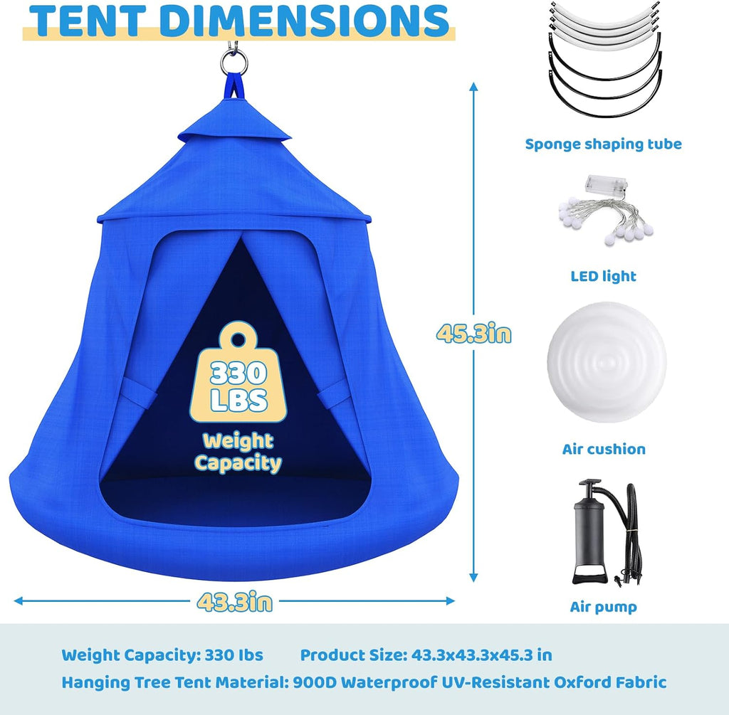 Swing Set with Tent Swing, X-Shaped Swing Frame with Sensory Swing, Tent Swing with Swing Stand, Hammock Chair with Stand, 330 lbs Capacity, w/Rainbow Lights String, Indoor/Outdoor Use(Blue)