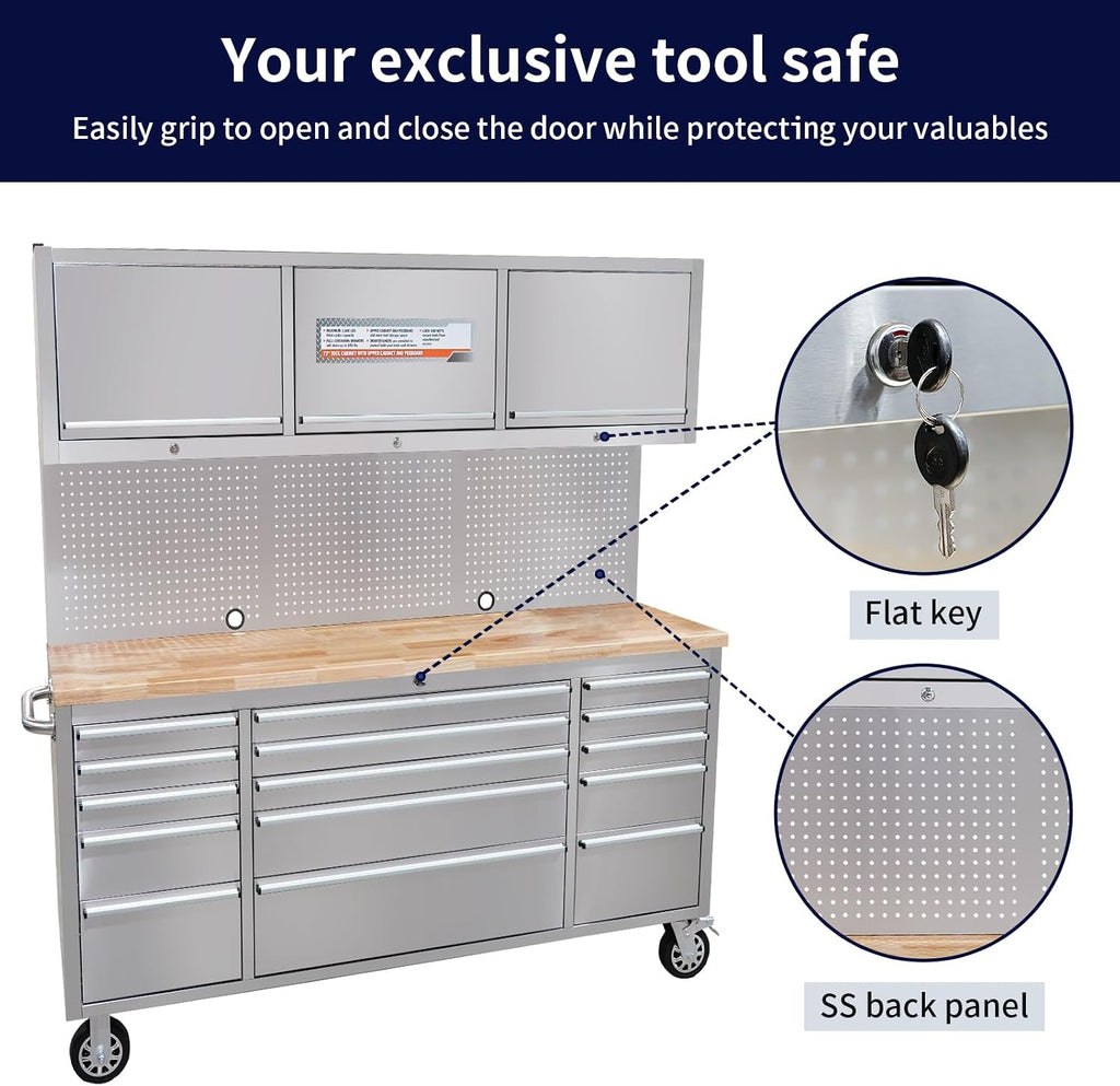 CHETTO C 72 inch Tool Chest Tool Box Mobile 15 Drawers Storage 3 Upper Cabinets SS-Pegboard Rolling Cabinet with Wheels Lock Key Locking System Drawer Liners for Garage Warehouse Repair Shop