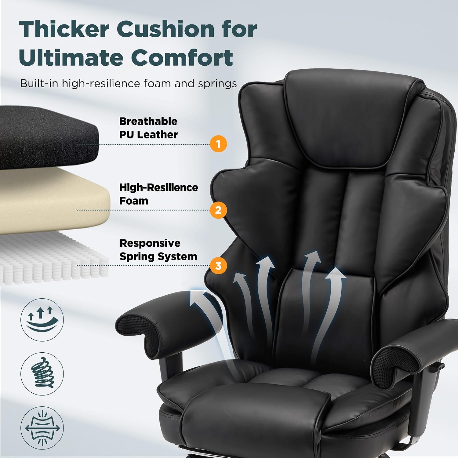 HOMREST Ergonomic Executive Office Chair with 6-Point Vibration & Heat - Reclining Managerial Chair with Adjustable Footrest and Armrests,Big and Tall Leather Home Office Desk Chairs(Black)