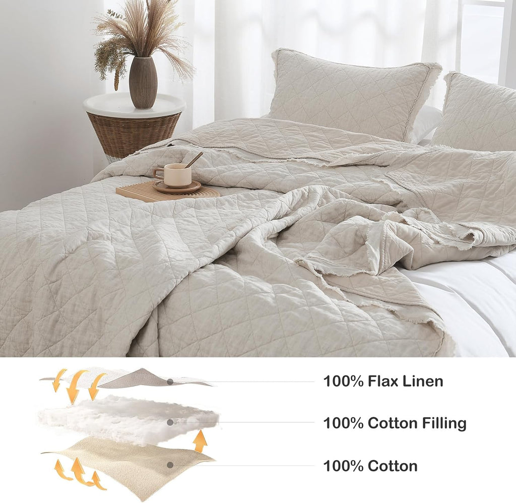 HORIMOTE HOME 100% Linen Front/100% Cotton Back Quilt Set King Size, Beige Pre-Washed European Flax Linen Quilt, Diamond Stitch Bedspread Coverlet Bedding Set 3-Piece for All Seasons