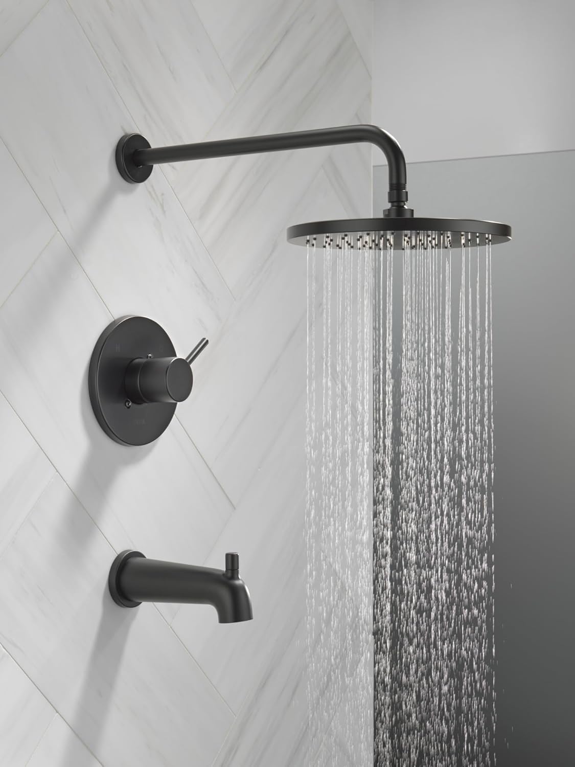 Delta Modern 14 Series Round Rain Bathtub and Shower Faucet Set, Rainfall Matte Black Shower Head and Handle Set, Valve Trim Kit, 10 Inch, Matte Black T14469-BL-PP (Valve Not Included)