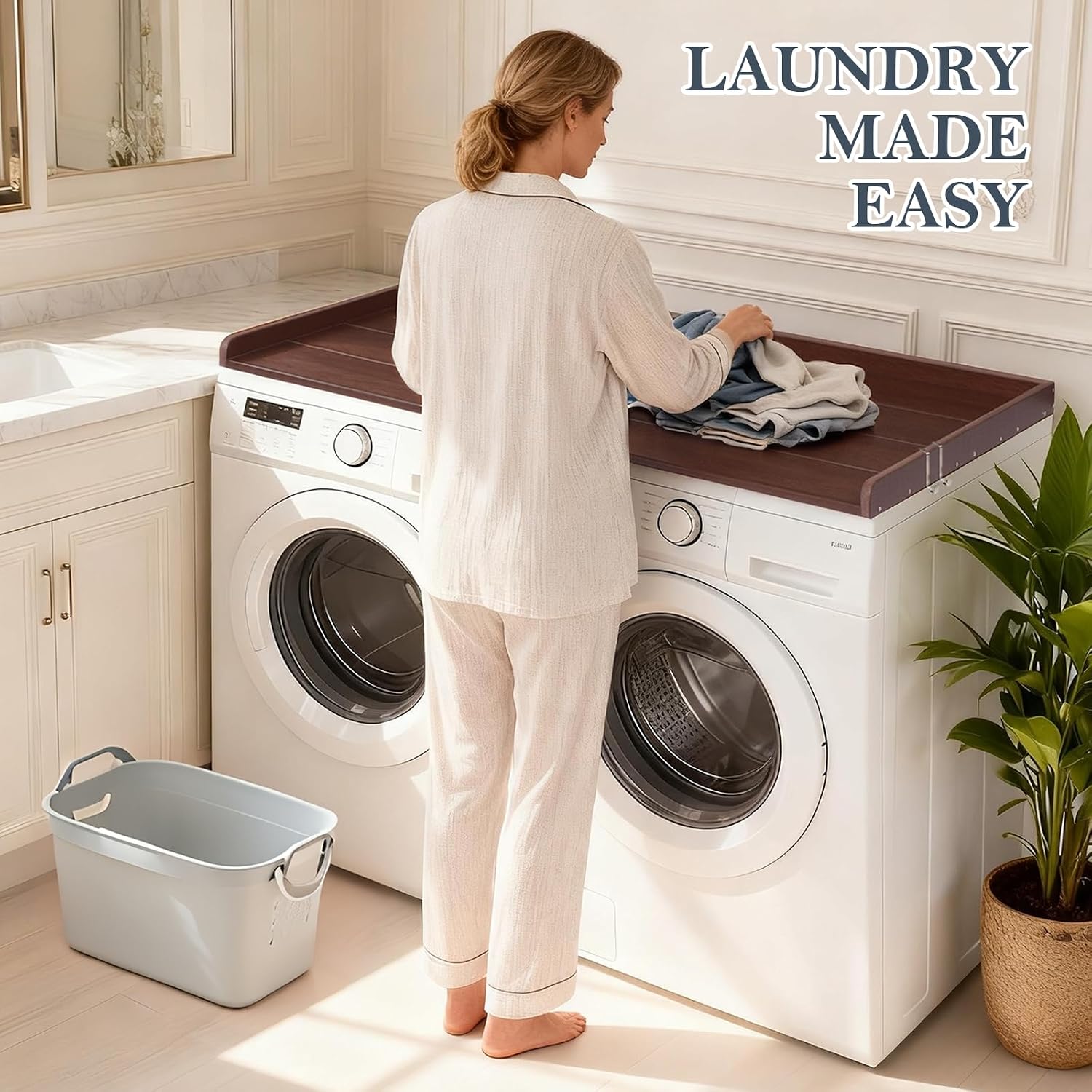 HDPE Washer Dryer Countertop, 54' x 27' Laundry Countertop with 2 Hooks & Non-Slip Pads, Washer and Dryer Topper for Laundry Room Organization, No-Installation(Brown)