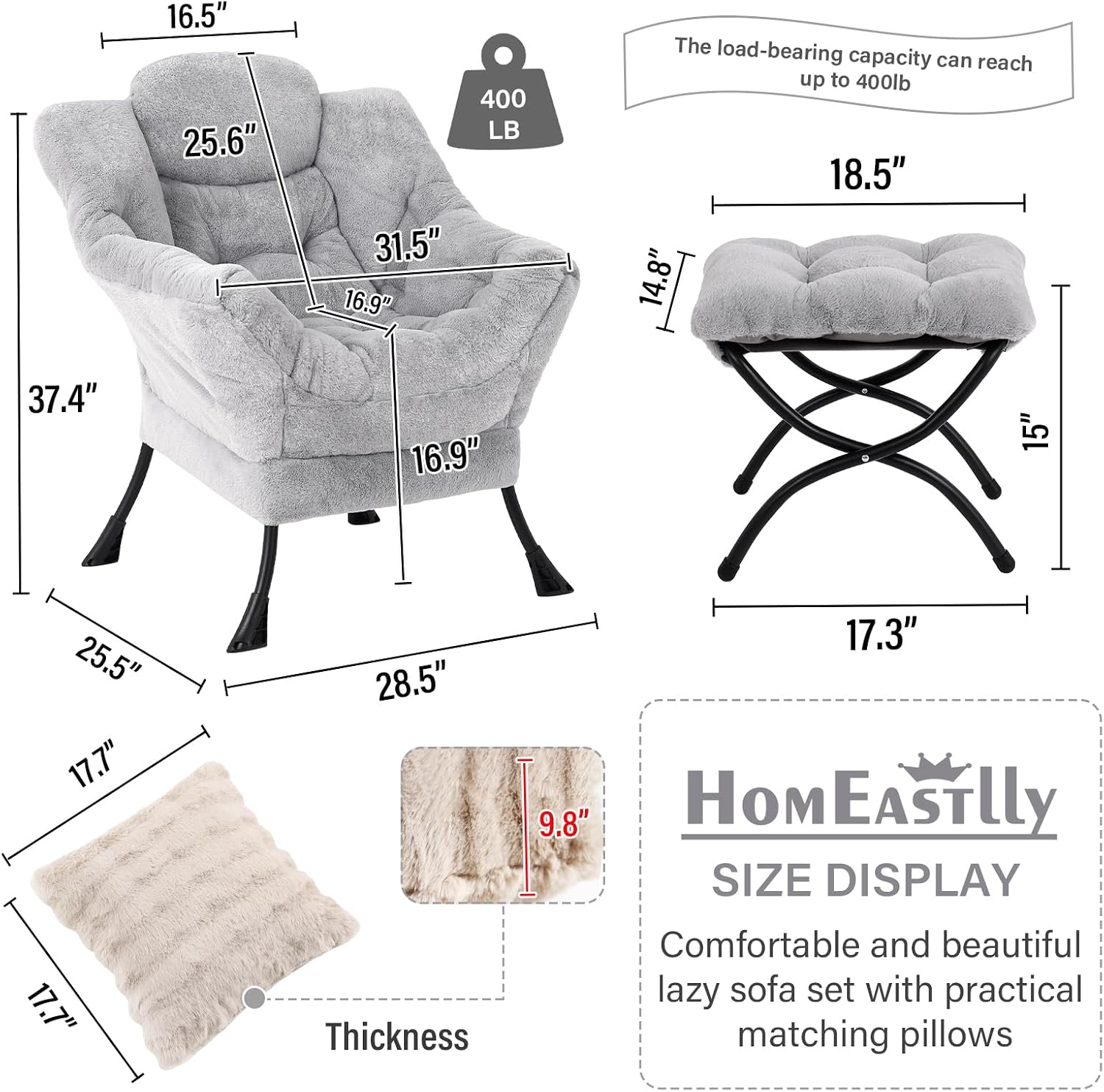 Lazy Chair with Ottoman, Large Light Grey Accent Chair with Ottoman and FA Throw Pillow, Comfy Plush Reading Chair for Living Room Bedroom Dorm Room Office Apartment Relaxing Use