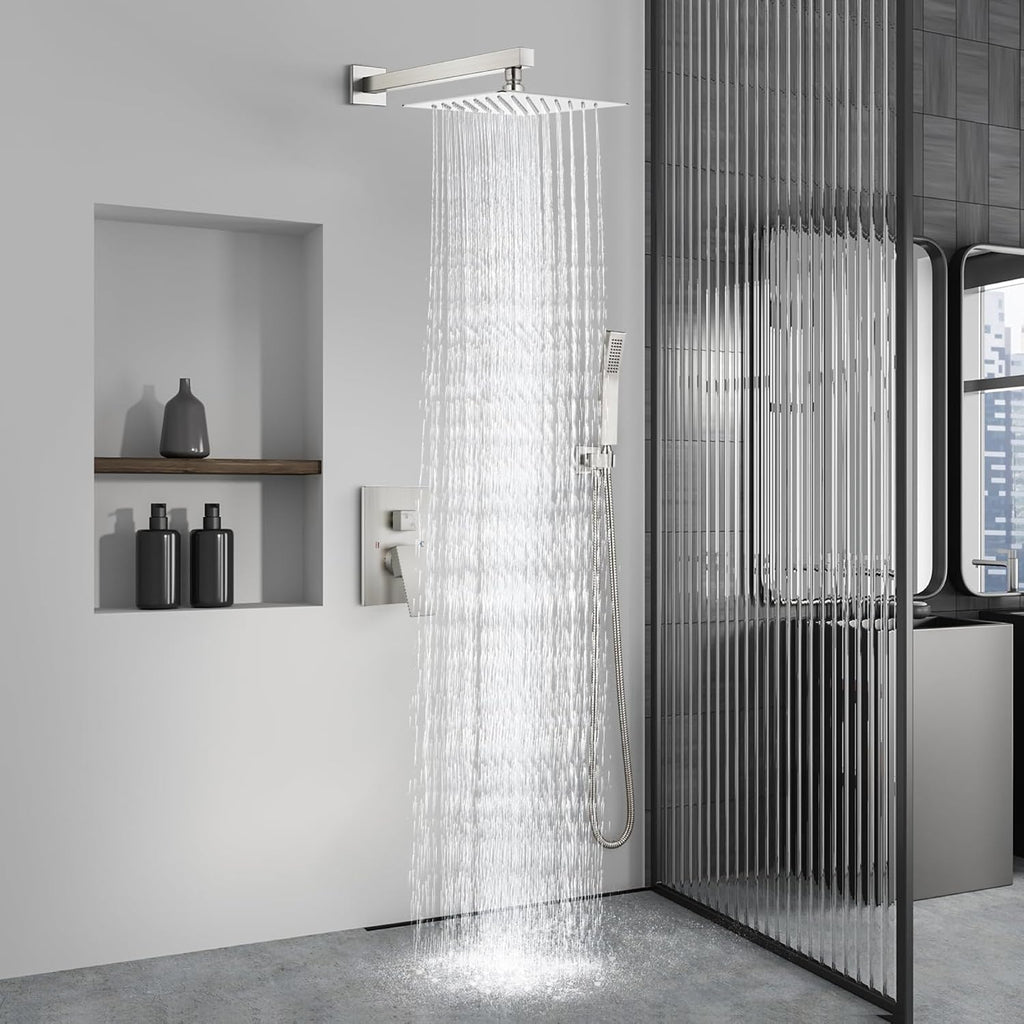 Aolemi Shower Faucet Set Rain Shower System with Handheld Spray Bathroom Shower Combo Rough-in Valve and Shower Trim Kit Included Brushed Nickel 10 Inch Wall Mount Shower Head