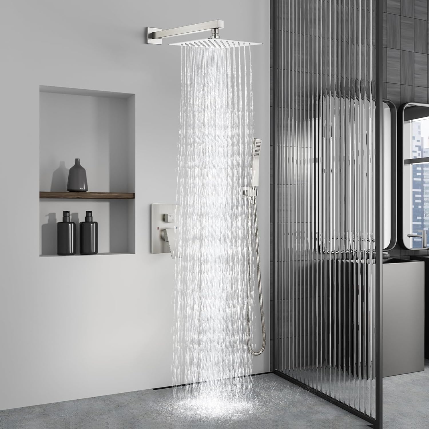 Aolemi Shower Faucet Set Rain Shower System with Handheld Spray Bathroom Shower Combo Rough-in Valve and Shower Trim Kit Included Brushed Nickel 10 Inch Wall Mount Shower Head