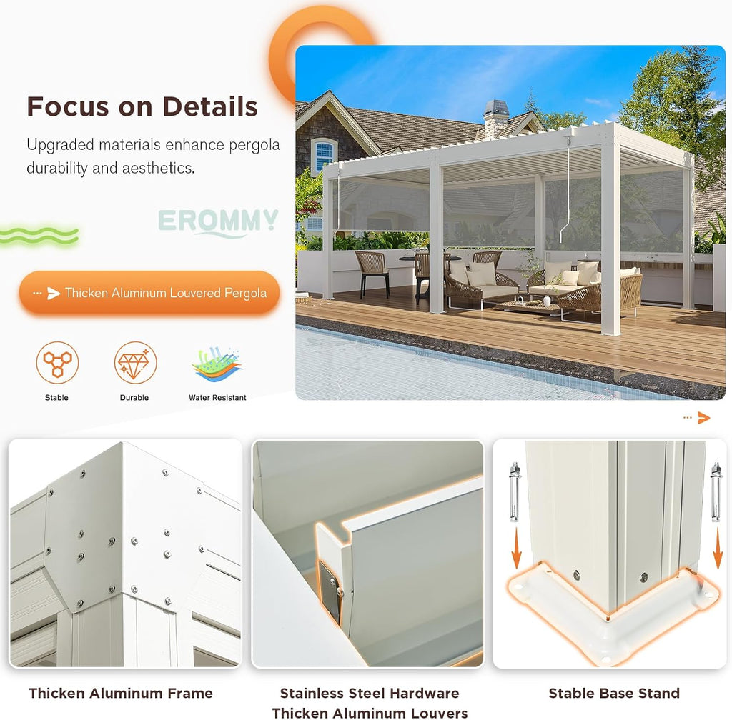 EROMMY 10x20 Louvered Pergola with Side Pull-Down Screen, Outdoor Aluminum Pergola with Thickened Frame and Adjustable Metal Rainproof Roof for Deck Patio Garden Yard, White