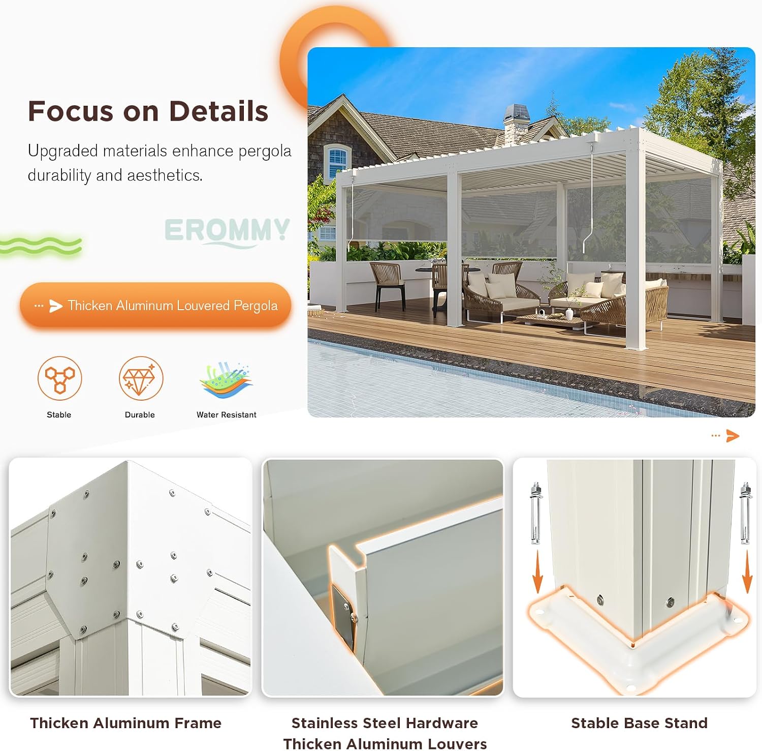 EROMMY 10x20 Louvered Pergola with Side Pull-Down Screen, Outdoor Aluminum Pergola with Thickened Frame and Adjustable Metal Rainproof Roof for Deck Patio Garden Yard, White