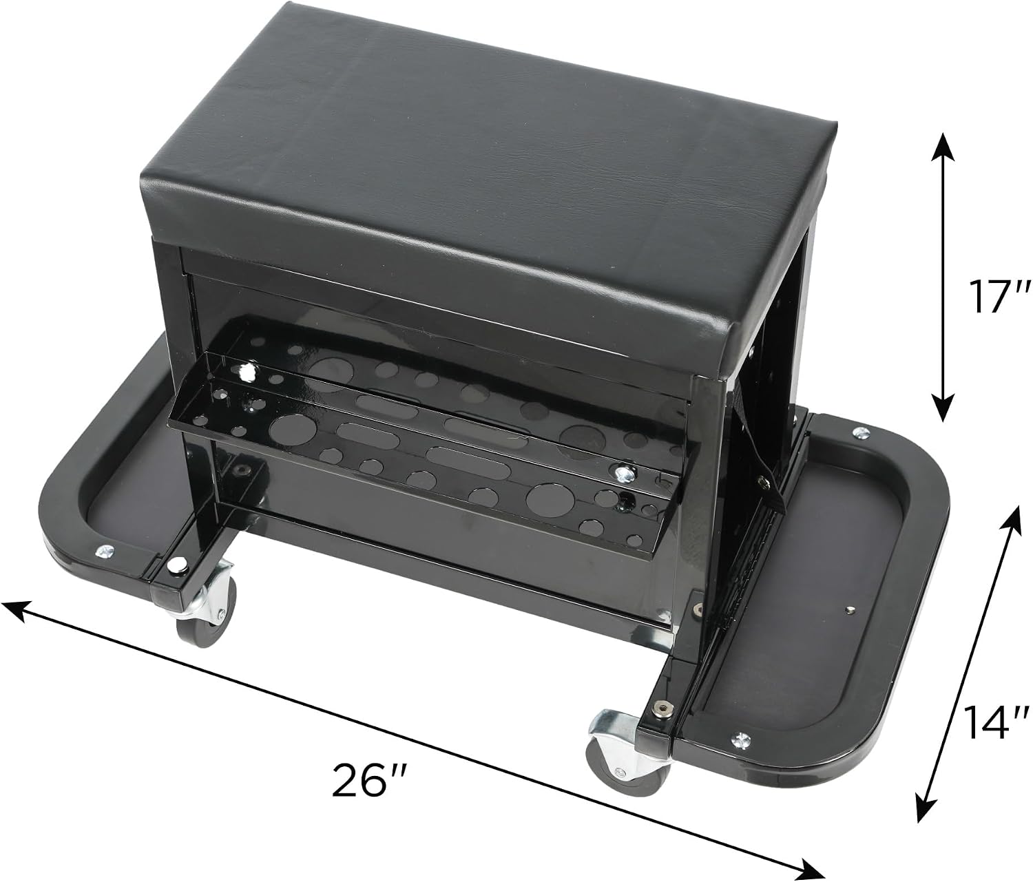 3-Drawer Tool Chest Rolling Mechanic Seat with Tool Trays, Rolling Tool Chest for Mechanics - Heavy-Duty Steel Construction, Padded Seat, Storage Tank, 350lbs Max Weight Capacity