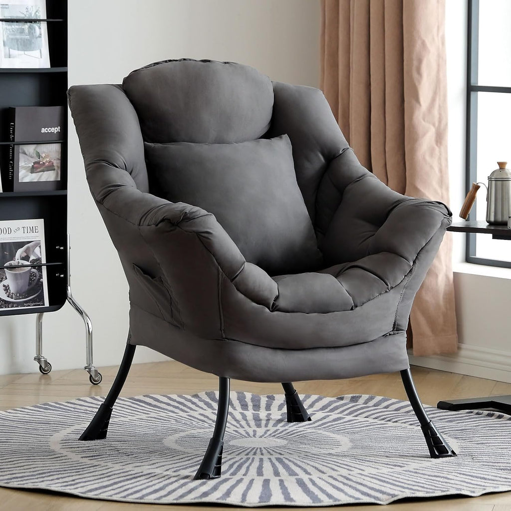 Lazy Chair for Living Room, Large Dark Grey Accent Chair with a Throw Pillow, Leisure Sofa Chair Set, Comfy Reading Chair for Bedroom, Dorm Room, Office