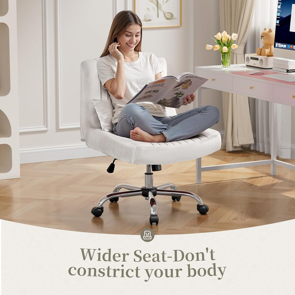 Warmiehomy Velvet Office Chair, Luxury Criss Cross Chair with Wheels, Comfy Cross Legged Desk Chair for Home Office, Stylish Vanity Chair, Wide Seat Computer Chair, Best Gift for Girls, Pure White