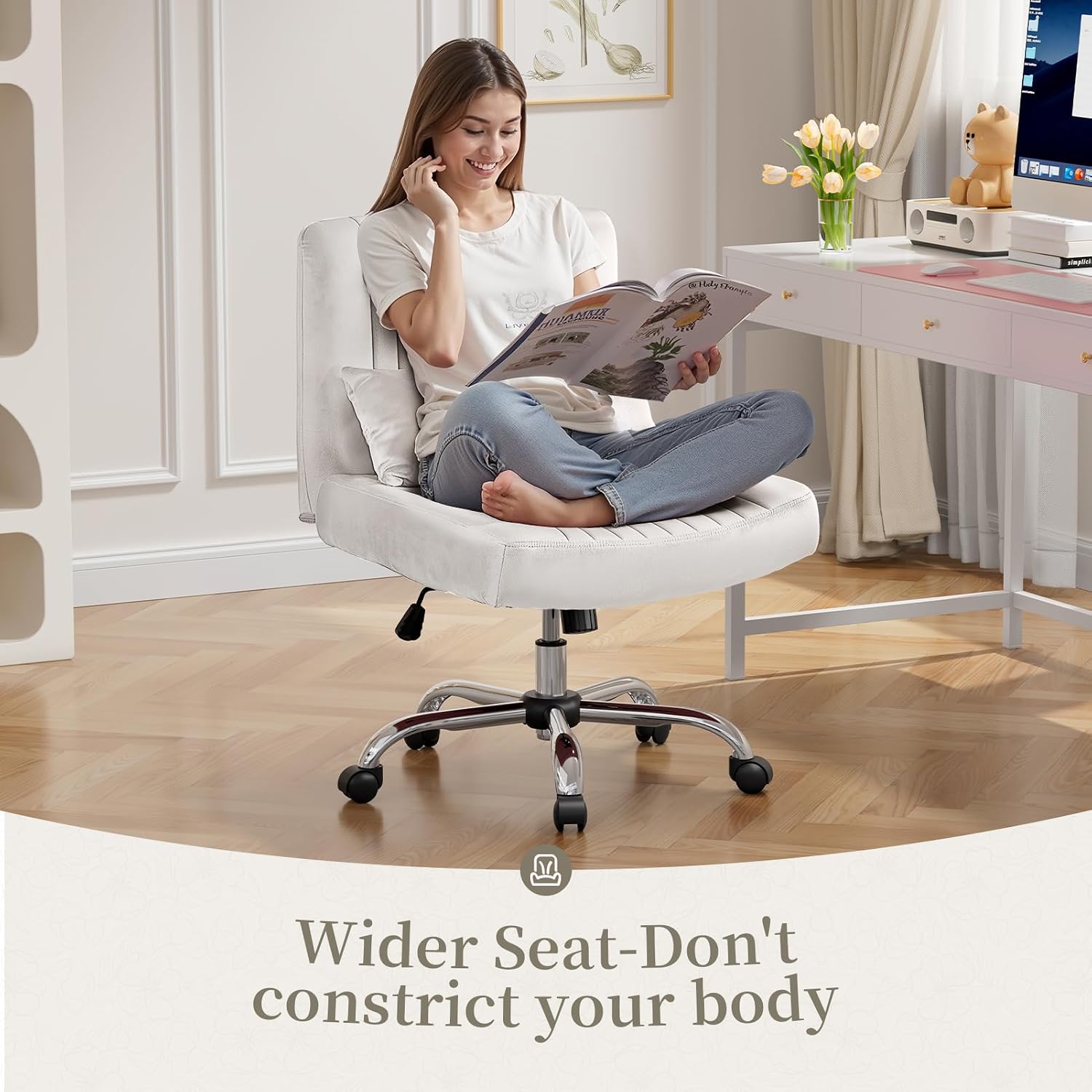 Warmiehomy Velvet Office Chair, Luxury Criss Cross Chair with Wheels, Comfy Cross Legged Desk Chair for Home Office, Stylish Vanity Chair, Wide Seat Computer Chair, Best Gift for Girls, Pure White