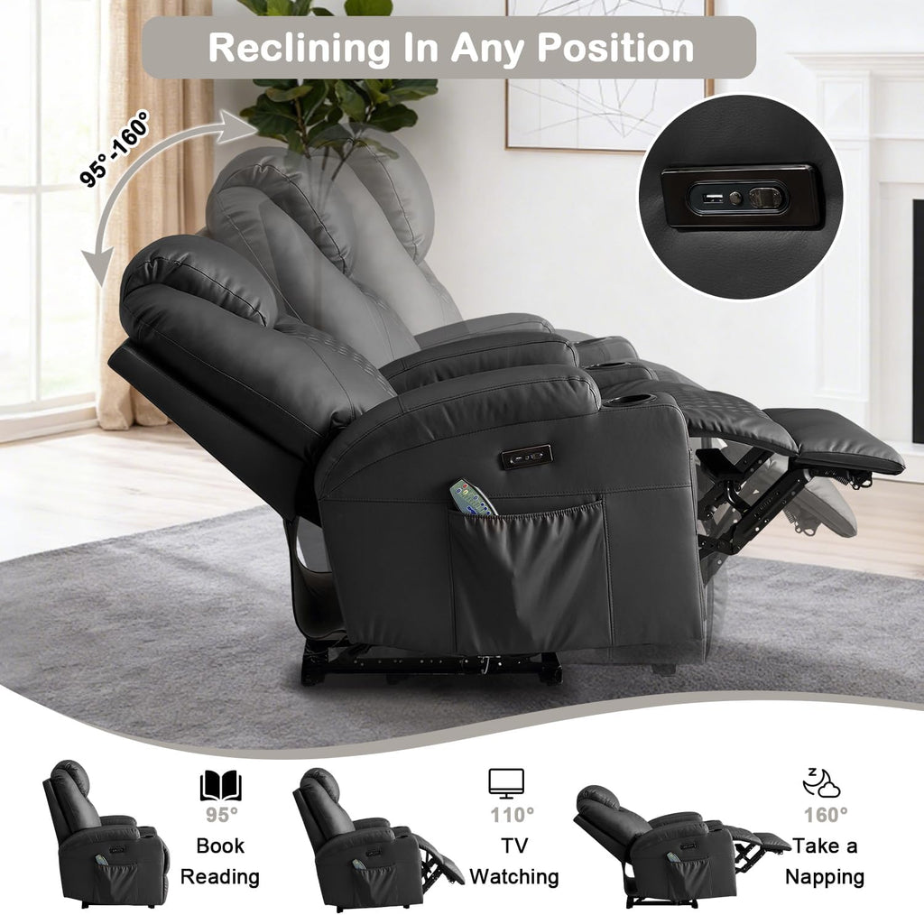 Power Recliner Chair with Heat and Massage for Adults - Home Theater Seating with LED Lights,Cup Holders,Side Pocket,USB Port - Recliner Sofa for Living Room (Black, Set of 2)