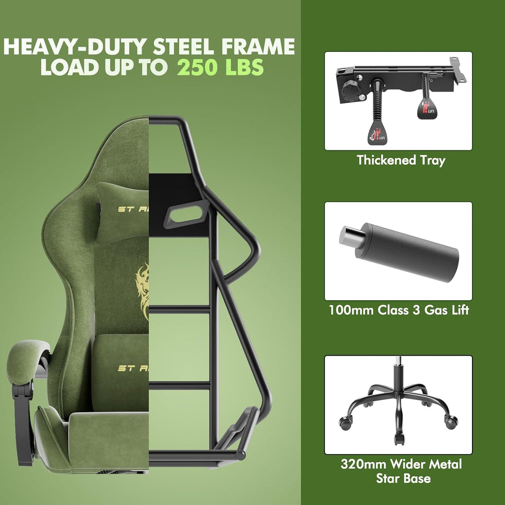 Soontrans Ergonomic Velvet Fabric Gaming Chair with Footrest, Comfortable Video Gamer Chair for Adult, Reclining Office Computer Desk Game Chairs with Massage Lumbar Cushion,Headrest