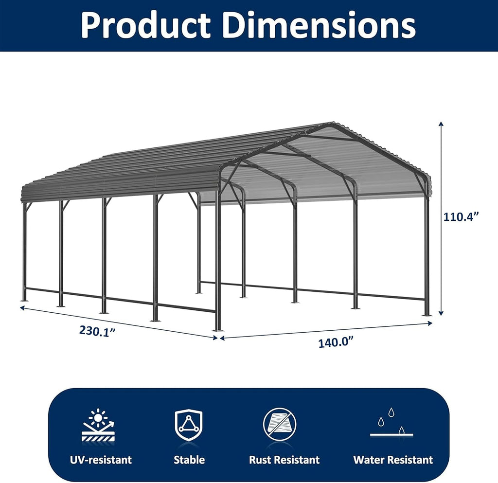 AIRWIRE 12x20 Metal Carport Canopy with Enhanced Base, Heavy Duty Car Port Garage, Outdoor Galvanized Car Shelter for Car, Boats and Truck