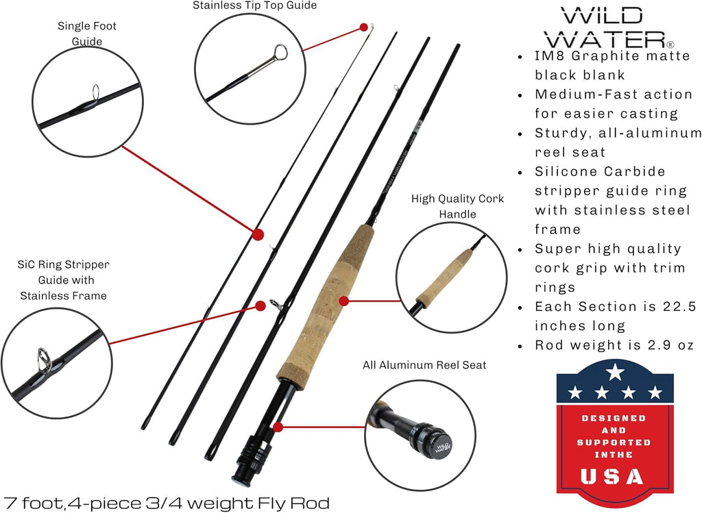 Wild Water Deluxe Fly Fishing Combo Starter Kit, 7-Foot Pole, 4-Piece Fly Rod Kit, 3/4 Weight, Fishing Accessories, Includes Die cast Aluminum Reel and Hard Tube Case with Pouch, Fly Box and Flies
