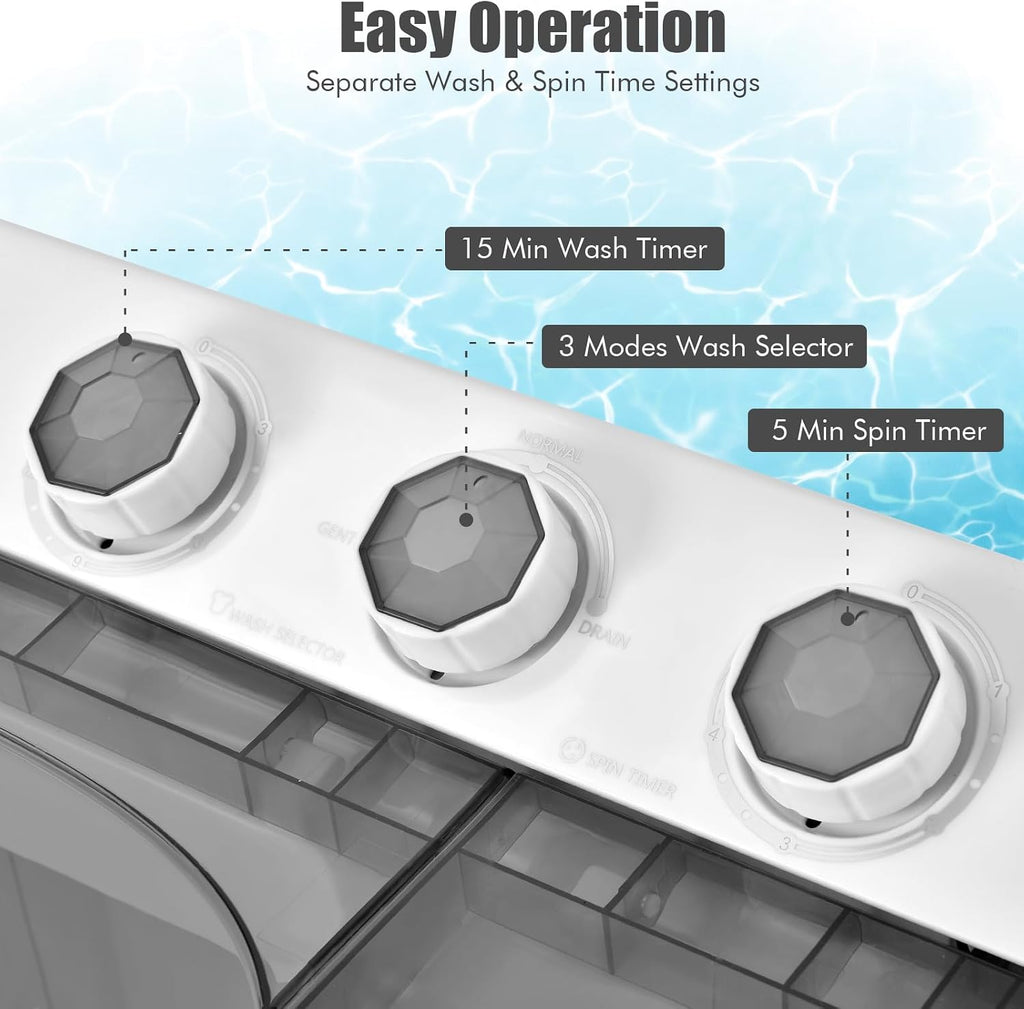 COSTWAY Portable Washing Machine, Twin Tub 26lbs Capacity Laundry, 18lbs Washer and 8lbs Spinner Combo with Timer Knobs, Built-in Drain Pump, Compact Washer for Home Dorm Apartment (Grey+White)