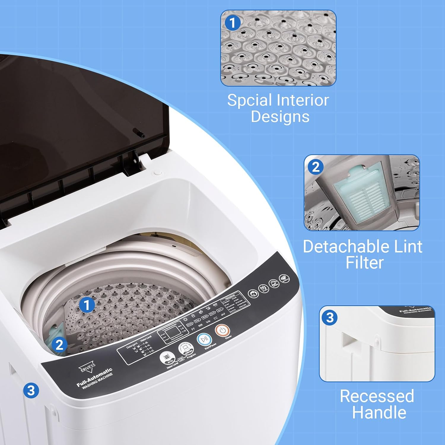 Erivess 2.0 Cu Ft Compact Washing Machine, 16 lbs Portable Washing Machine with 8 Wash Programs, Compact Laundry Washer for Homes & Apartments, Dorm, Small Spaces