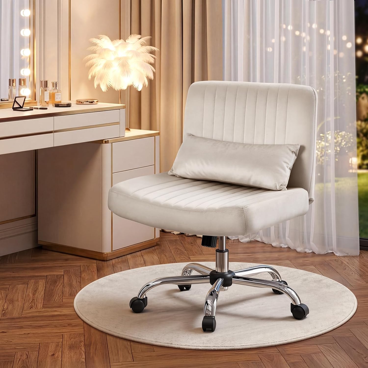 Velvet Office Chair, Luxury Criss Cross Chair with Wheels, Comfy Cross Legged Desk Chair for Home Office, Height Adjustable Vanity Chair, Wide Seat Computer Chair, Gift for Girlfriend, Cozy Beige