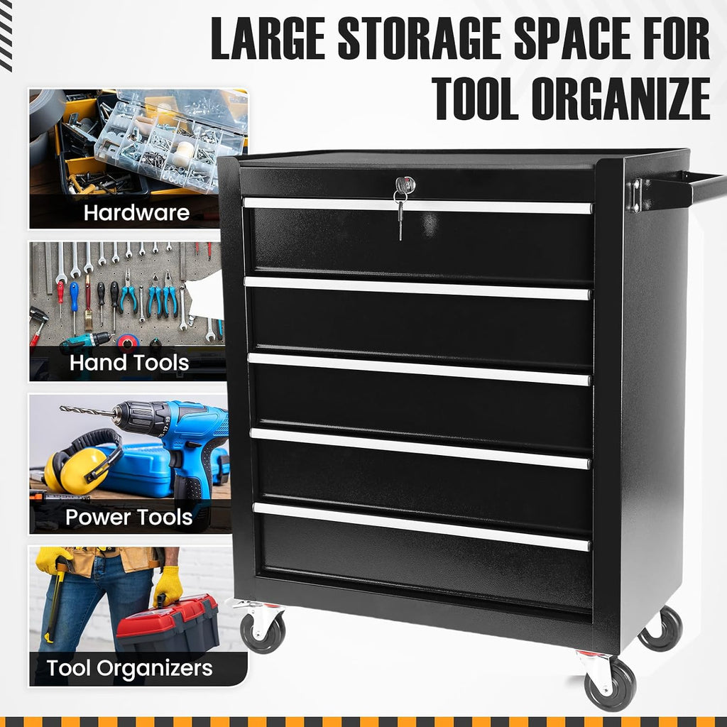 5-Drawer Rolling Tool Chest,Tool Cabinet On Wheels with Keyed Locking System and Drawer Liners,5 Drawer Tool Cart with Drawers,for Garage, Warehouse, Workshop, Repair Shop (Black)