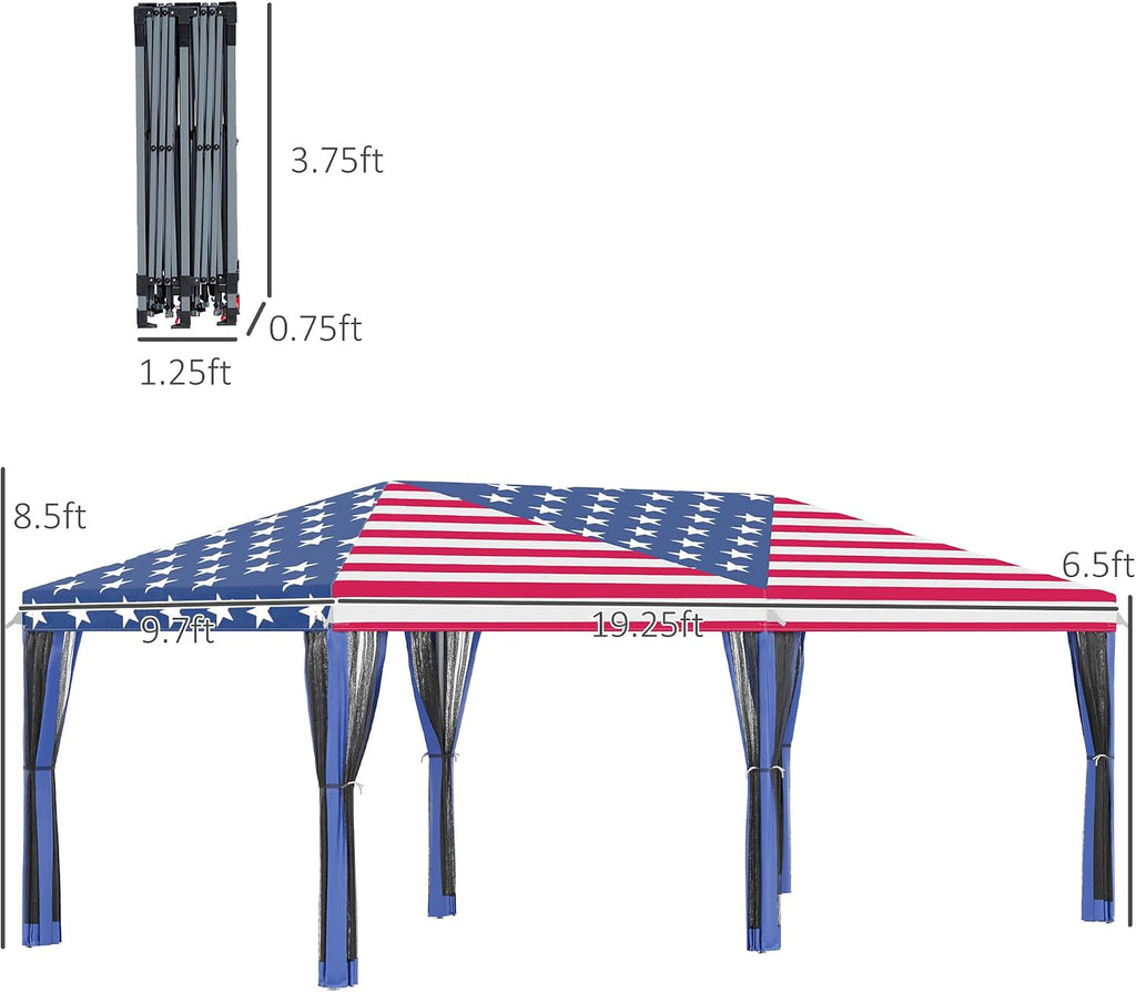 Outsunny 10' x 20' Pop Up Canopy Tent with Netting, Heavy Duty Large Party Tent, Instant Sun Shelter with Carry Bag for Backyard Garden Patio, American Flag